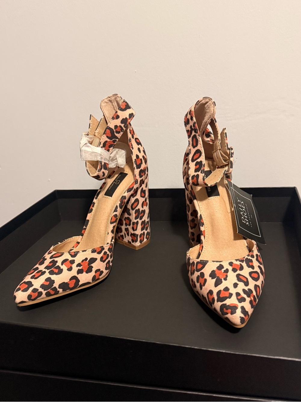 Leopard Ankle-Strap Block Heel Pumps in Tan & Black